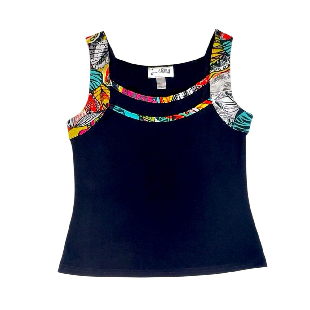 Joseph Ribkoff Tank Top Black Knit Sleeveless Blouse Tropical Abstract Trim, 10